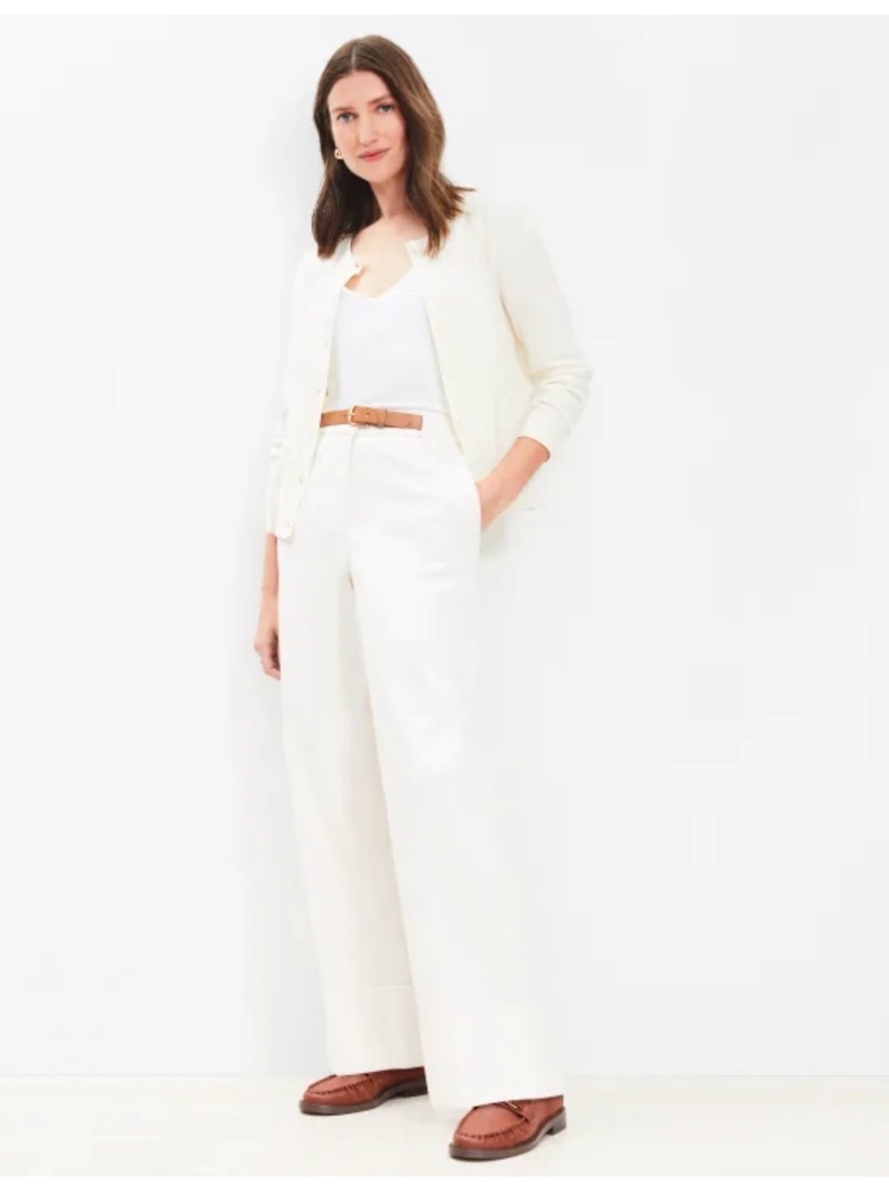 LOFT Cream Wide-Leg Pants with Faux Leather Belt